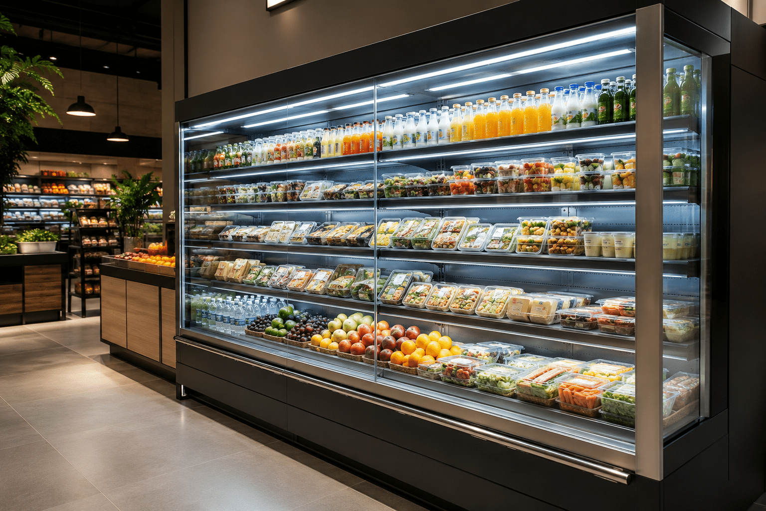 Modern refrigerated display showcase stocked with chilled food and beverages in a contemporary retail store.