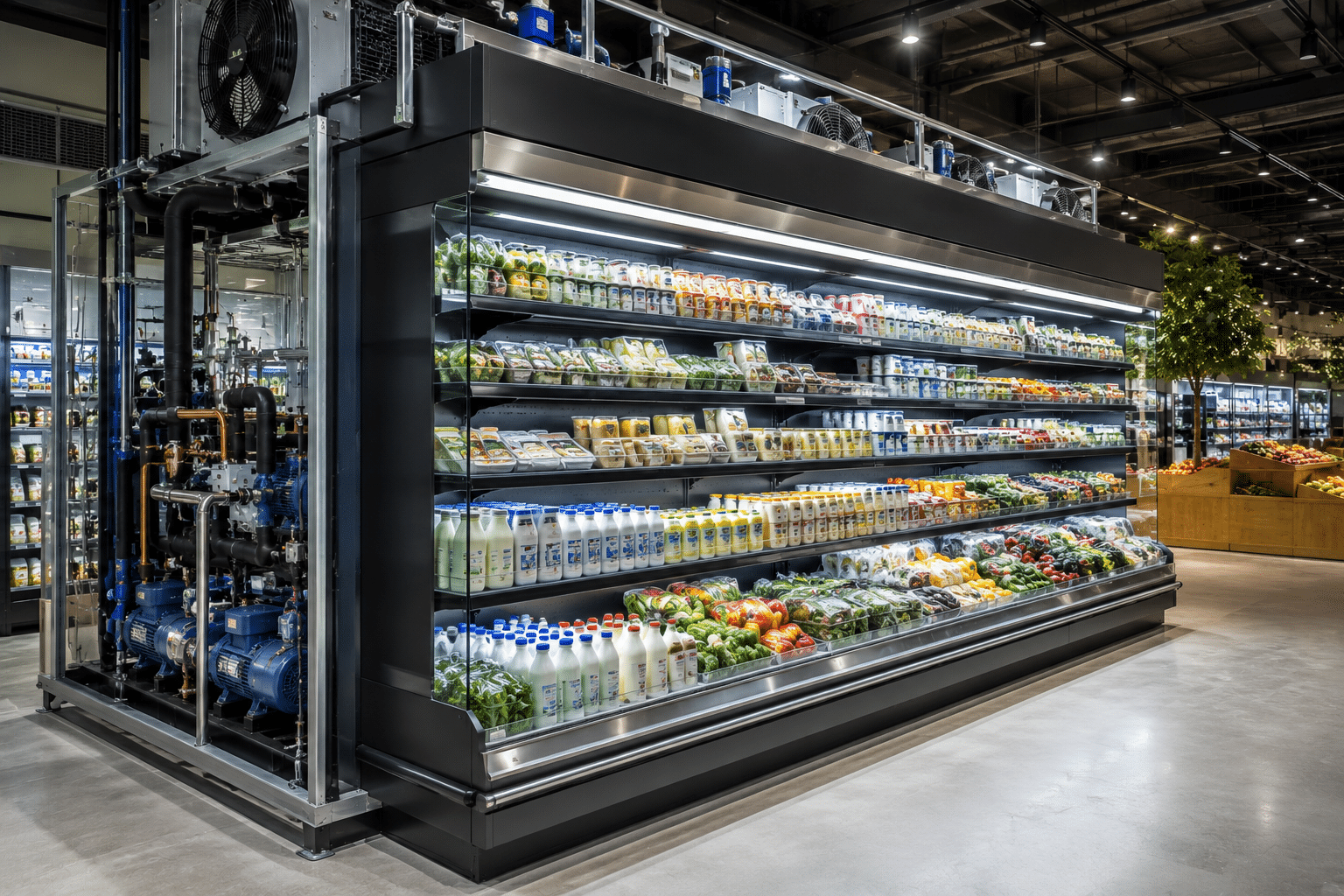 Modern remote multideck refrigeration system with energy-efficient cooling technology in a supermarket environment.