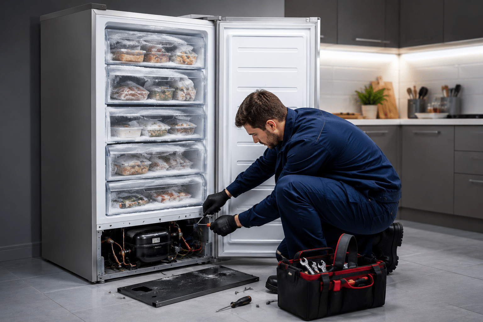 Technician repairing a commercial integral freezer with frost buildup and exposed refrigeration components during maintenance service.