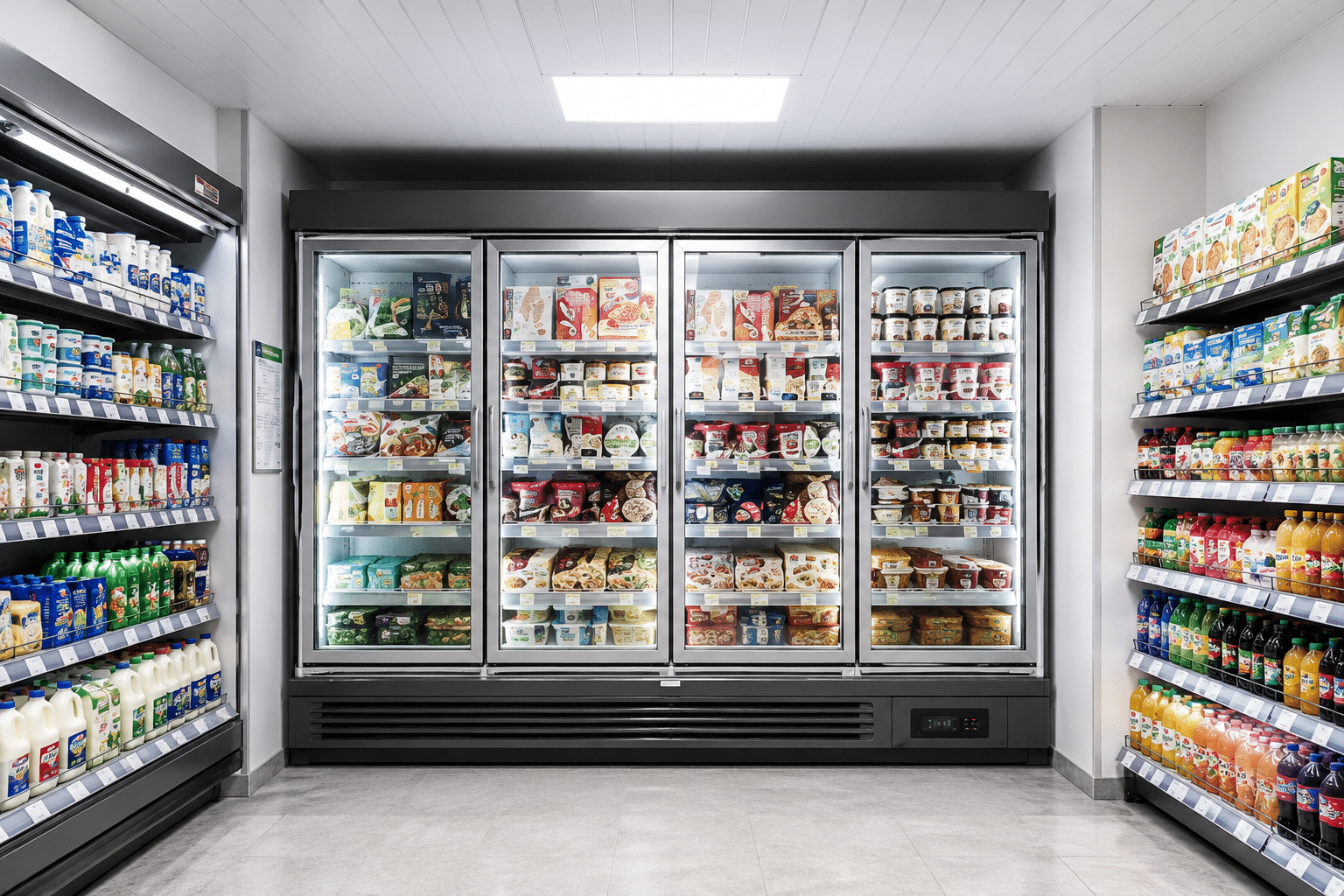 Four-door integral multideck freezer display stocked with frozen food products in a modern supermarket environment.