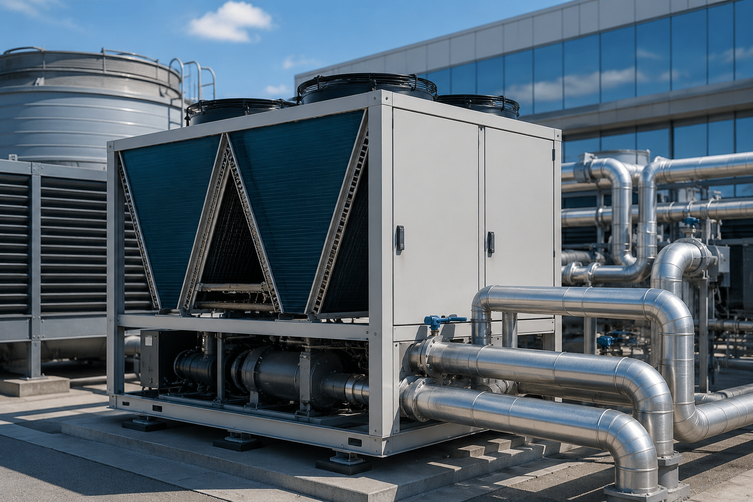 Modern commercial chiller installed outside a business facility with industrial cooling pipes and HVAC equipment designed for efficient commercial refrigeration and climate control.