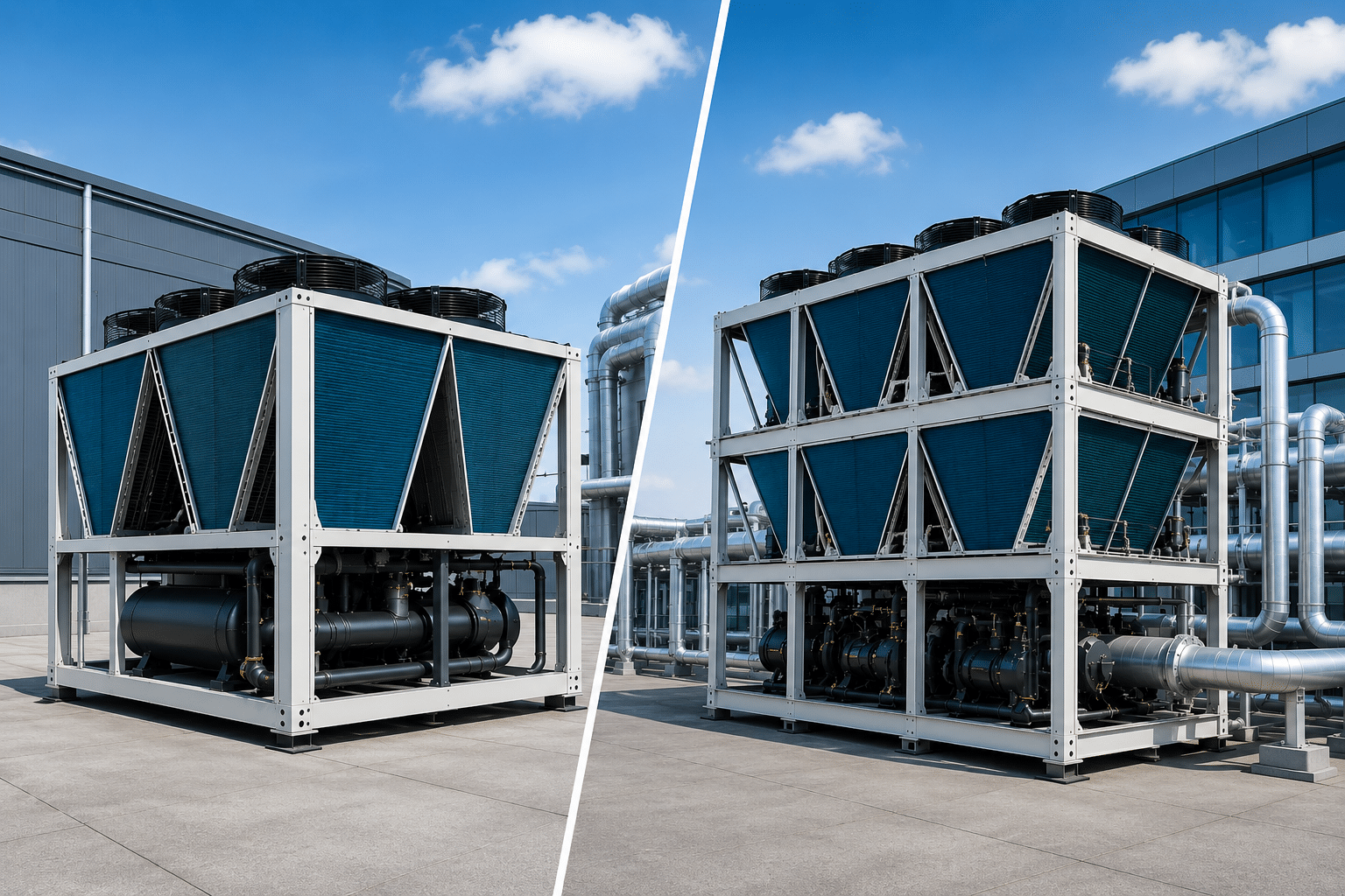 Side-by-side comparison of a commercial display chiller and a multi-deck chiller used in retail and supermarket refrigeration for efficient product cooling and display.