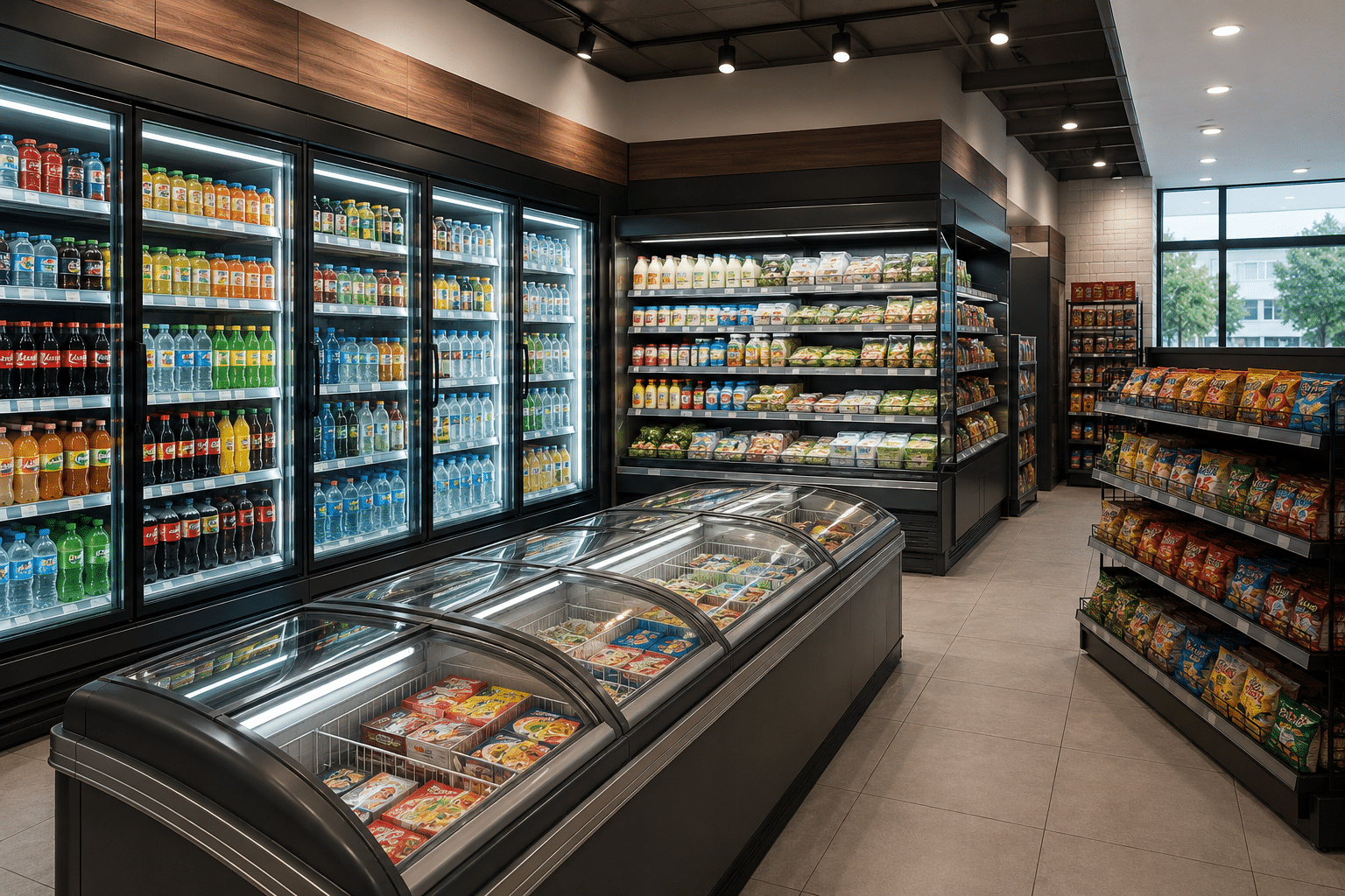 Modern convenience store featuring commercial refrigeration equipment, including glass-door display refrigerators, open display chillers, and island freezers for efficient food and beverage storage.