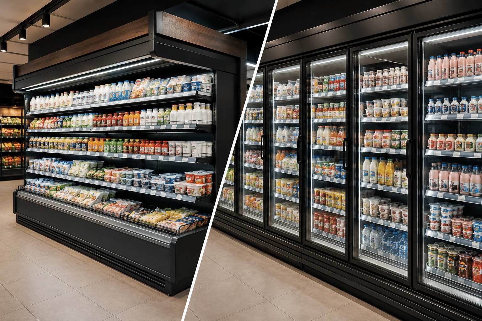 Comparison of an open multi-deck refrigerated display and a glass door multi-deck refrigerator in a modern supermarket, showcasing commercial refrigeration solutions for retail businesses.