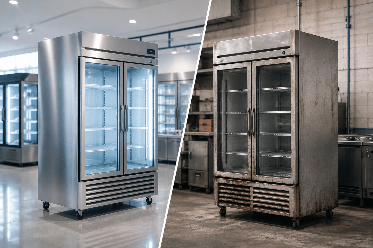 Side-by-side comparison of a new stainless steel commercial refrigerator and a used commercial refrigerator in an industrial setting, highlighting the differences in condition and appearance.