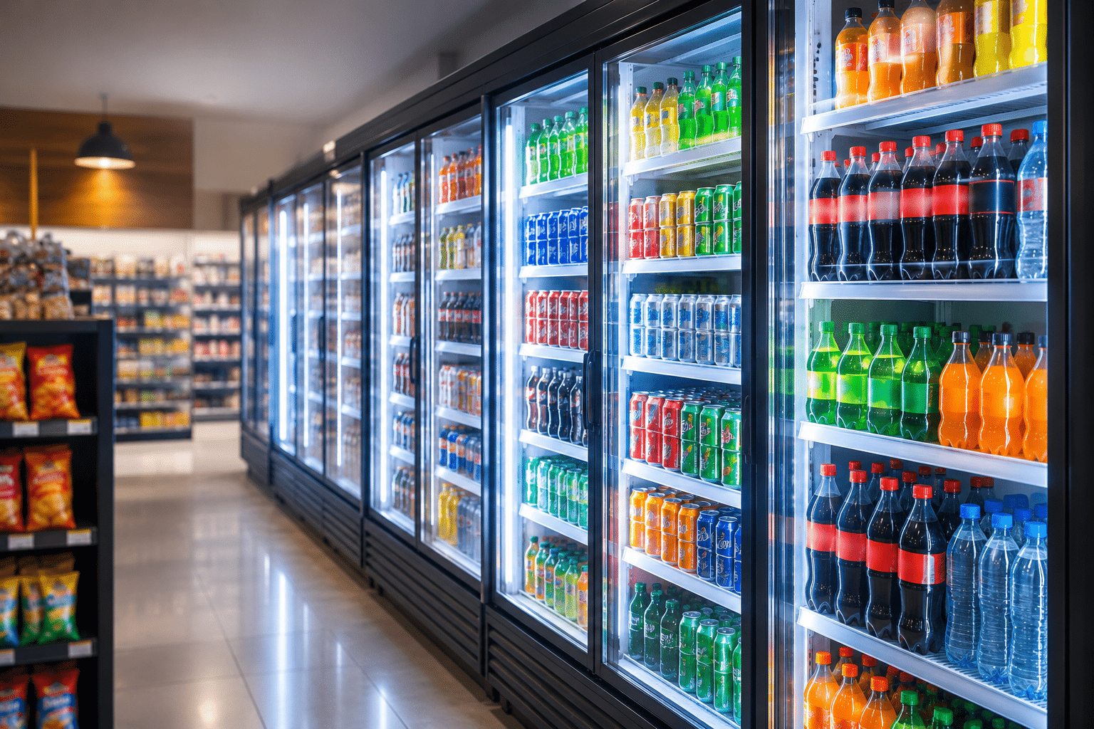 Modern glass-door commercial refrigeration displays filled with a variety of chilled soft drinks and bottled beverages in a bright convenience store, showcasing an attractive product presentation.