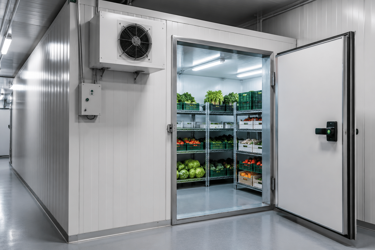 Modern commercial cold room with organized food storage for businesses requiring large-capacity refrigeration