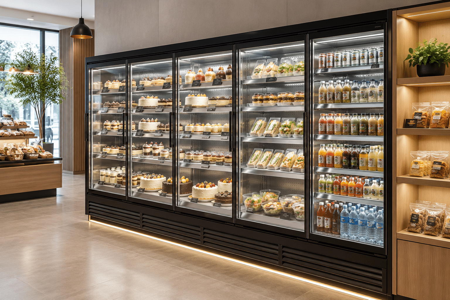 Modern glass door refrigerated display cabinet showcasing cakes, desserts, sandwiches, and beverages in a retail bakery