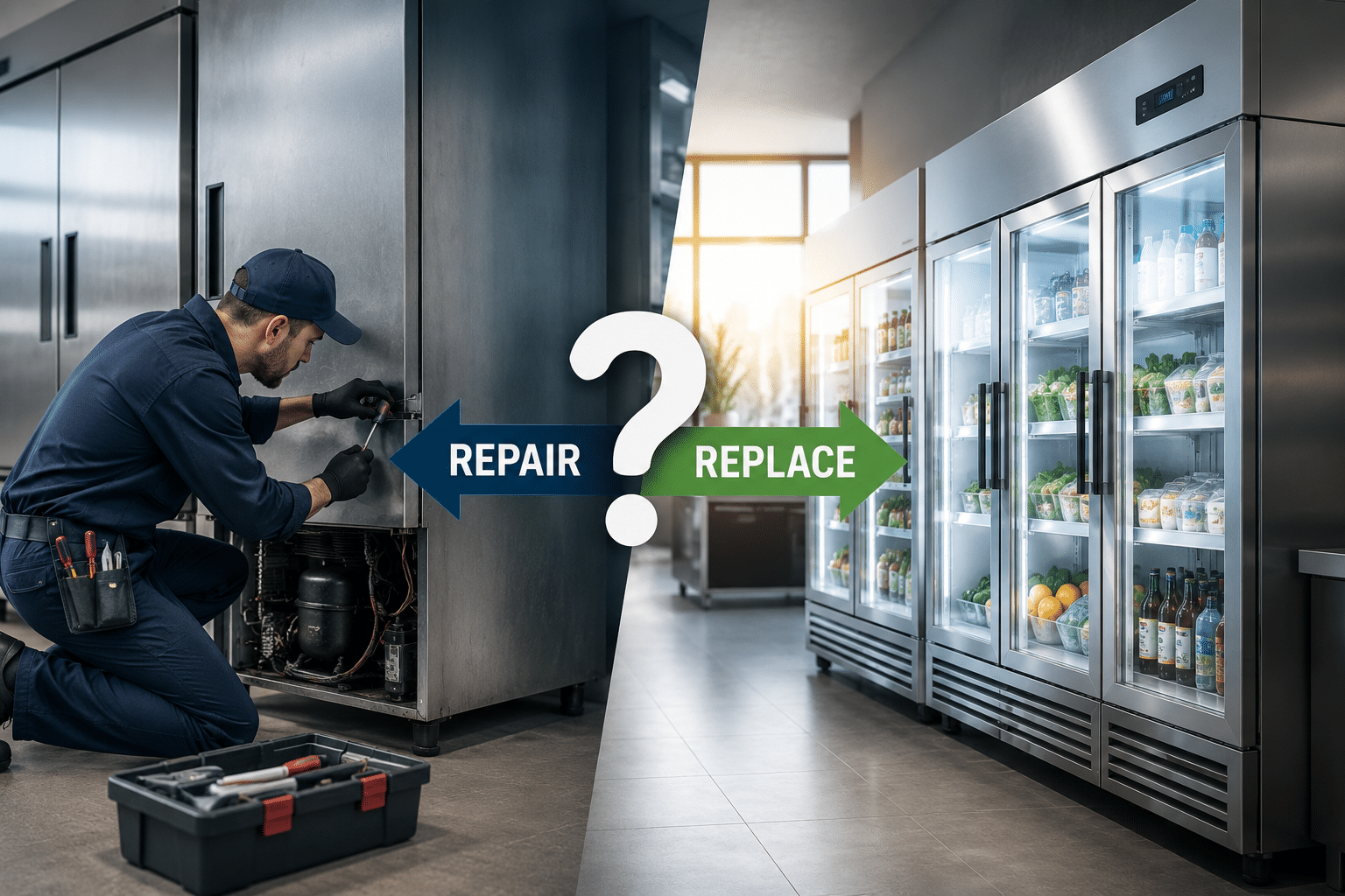 Commercial refrigeration technician repairing a refrigeration unit beside modern commercial display refrigerators