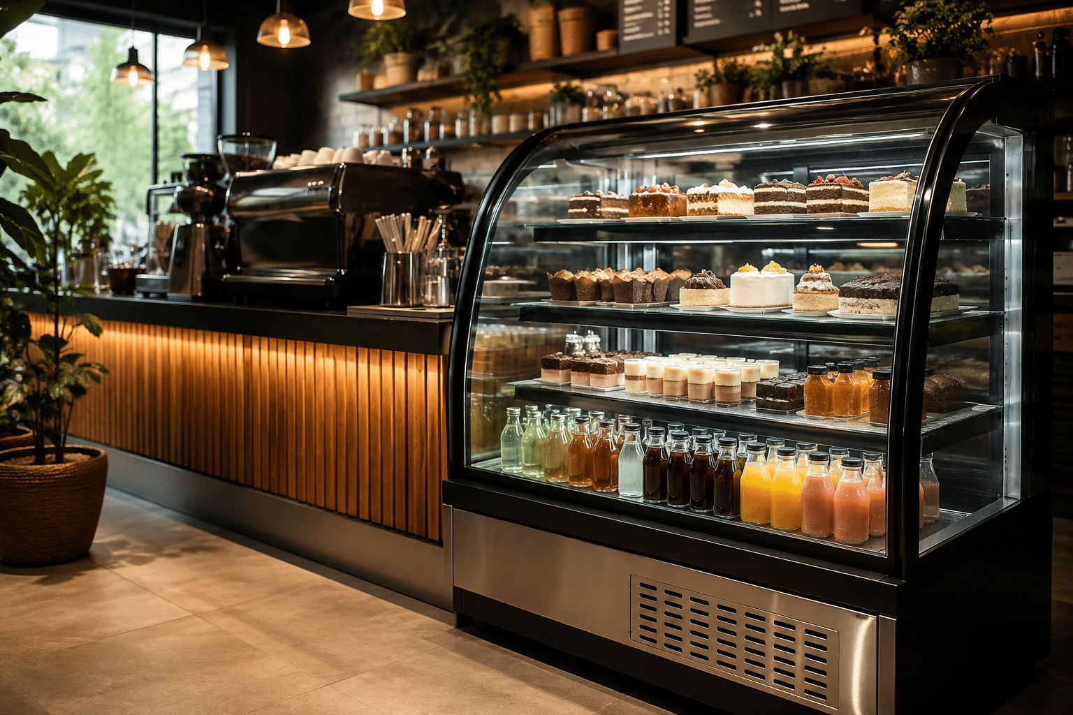 Modern display chiller filled with cakes, pastries and beverages inside a stylish cafe coffee shop