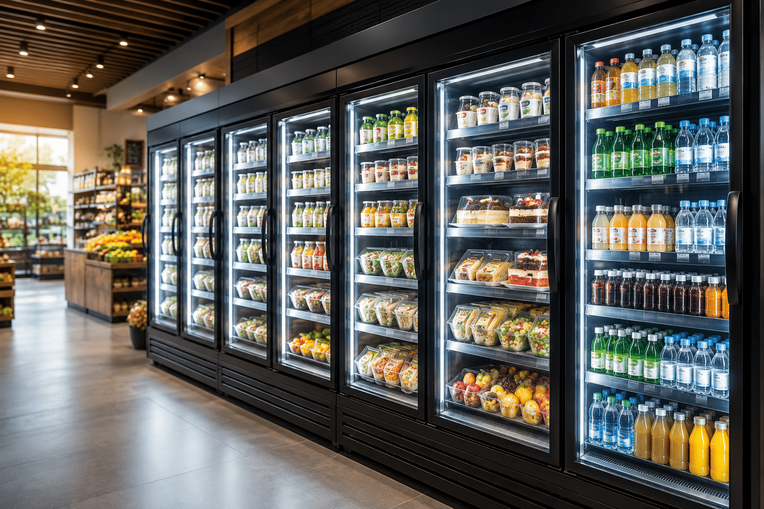 Glass door multi-deck display chiller with energy-efficient refrigerated food and beverage storage